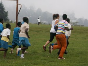 The team joined in with the kids at running club-- lots and lots of laps and crunches...in the rain. But they did it all with a smile!
