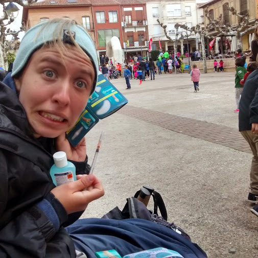 Looking like hobos in a town square after a trip to the pharmacy for blister treatment. They gave us compeed (magic second skin stuff), alcohol and a syringe, because it's so good for popping blisters and sucking the liquid out. It's just, you know, disgusting. 